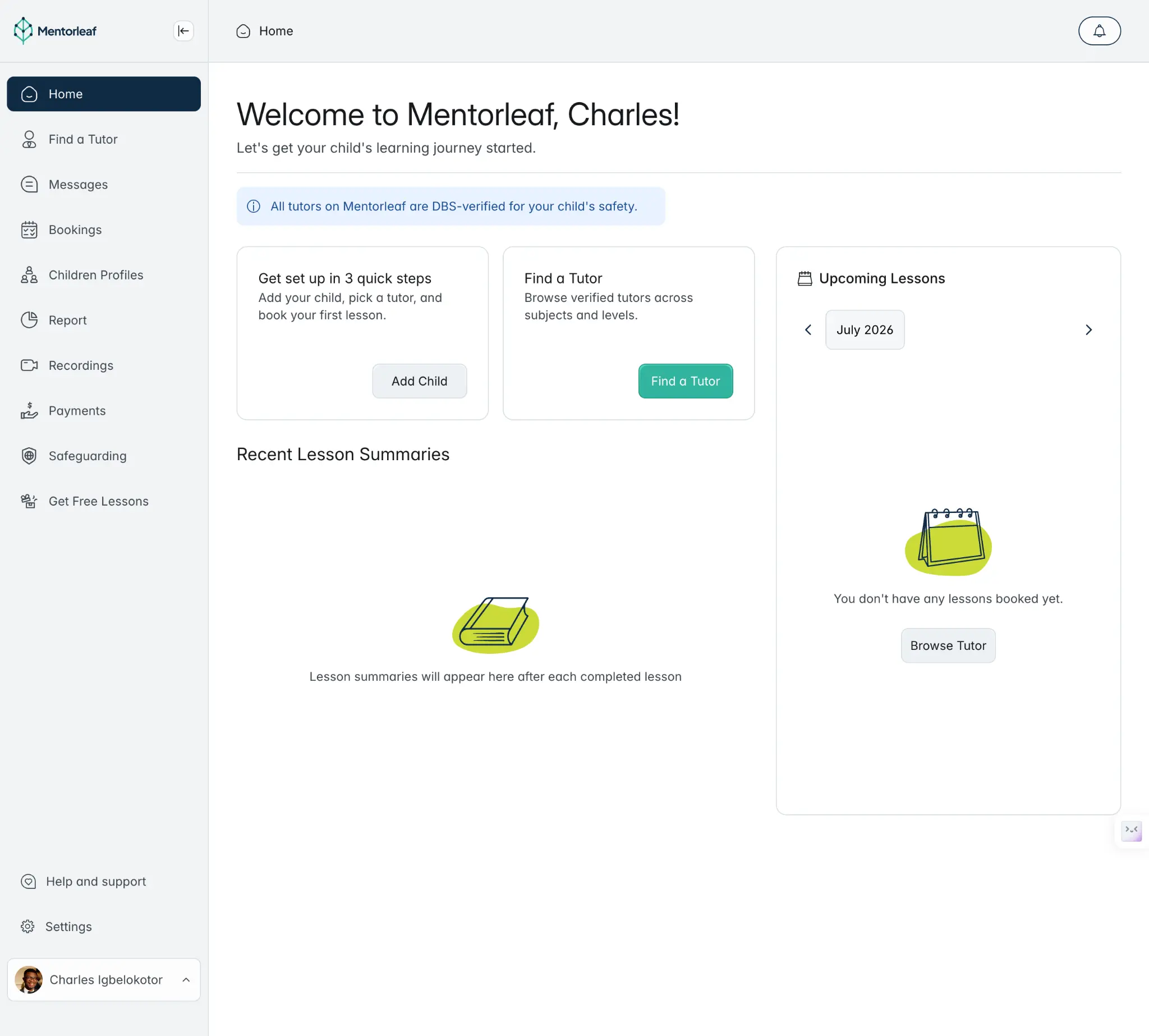 Full view of the Mentorleaf parent dashboard, including upcoming lessons and recent lesson summaries